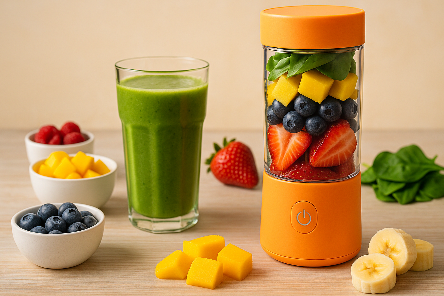 Portabel orange blender fylld med färska jordgubbar, blåbär, mango och spenat, omgiven av skålar med frukt och ett grönt smoothieglas.